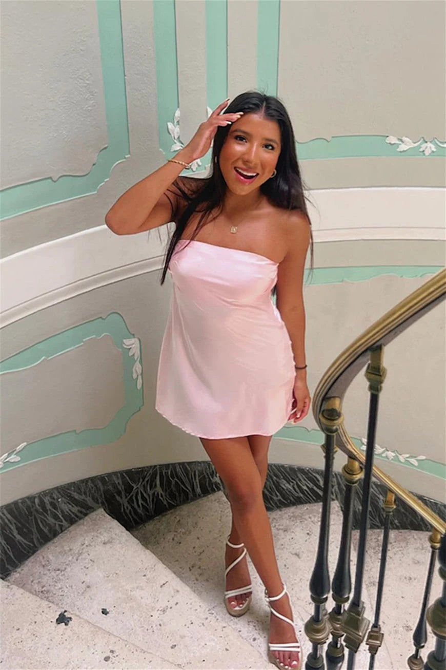 Elegant A-Line Strapless Backless Tie-Back Light Pink Mini Homecoming Dresses Women's