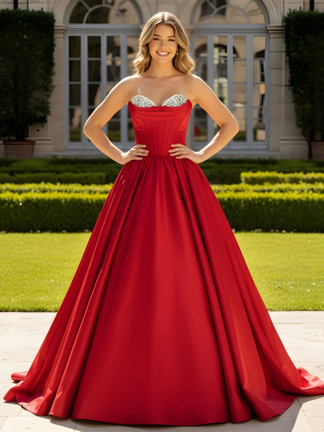 Elegant A-Line Strapless Beaded Corset Red Floor-Length Prom Gown