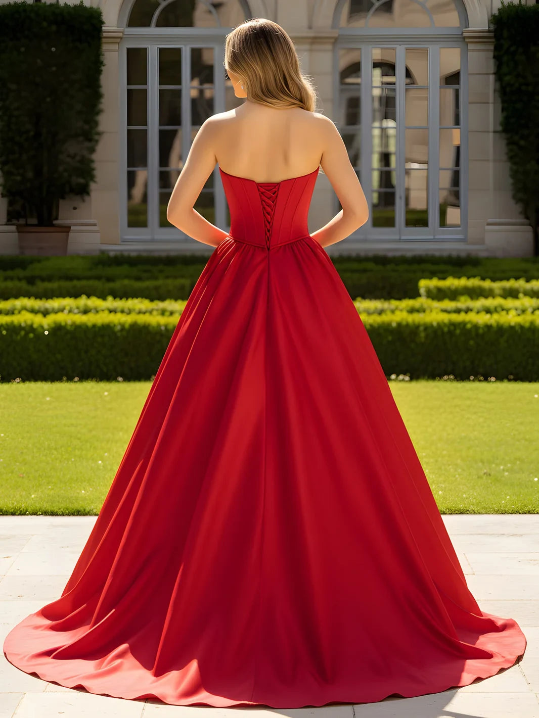 Elegant A-Line Strapless Beaded Corset Red Floor-Length Prom Gown