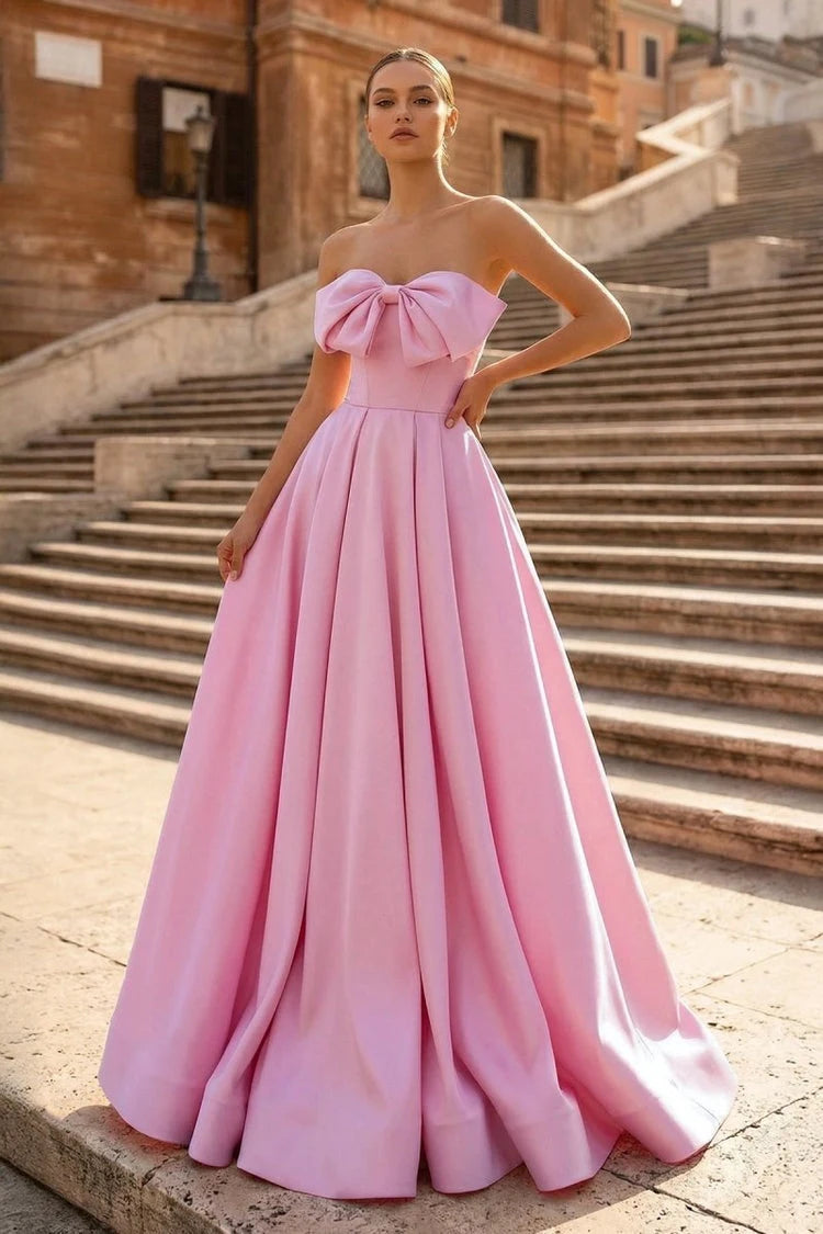 Elegant A-Line Strapless Bow-Accent Pleated Pink Floor-Length Prom Gown