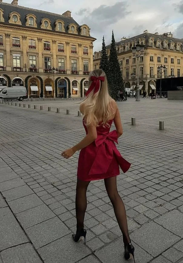Elegant A-Line Strapless Bow-Back Jacquard Wine Red Mini Homecoming Dress Women's