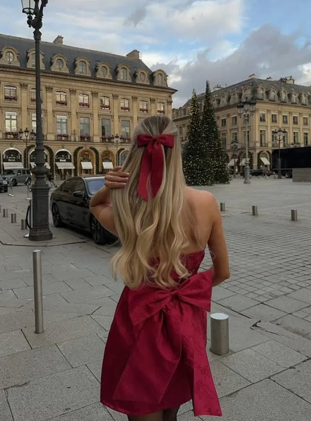 Elegant A-Line Strapless Bow-Back Jacquard Wine Red Mini Homecoming Dress Women's