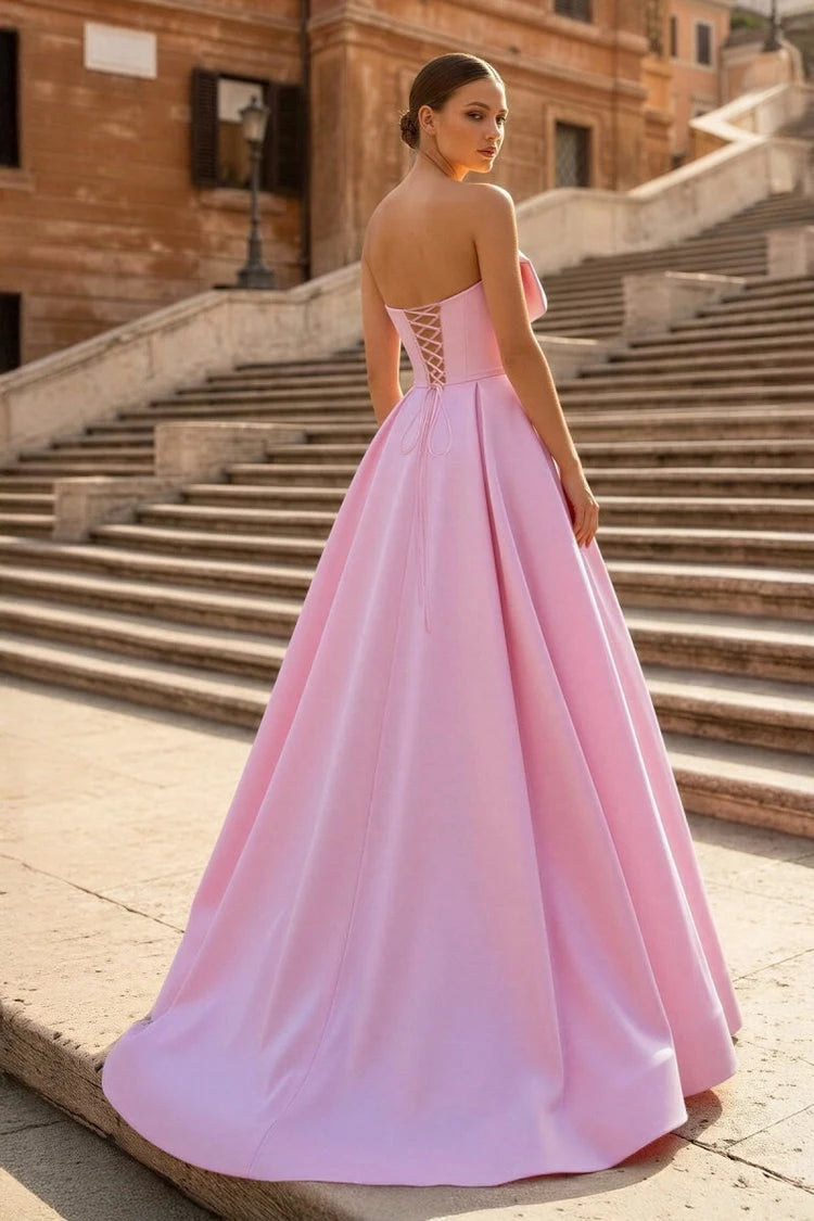 Elegant A-Line Strapless Bow Detail Corset Pink Floor-Length Prom Gown