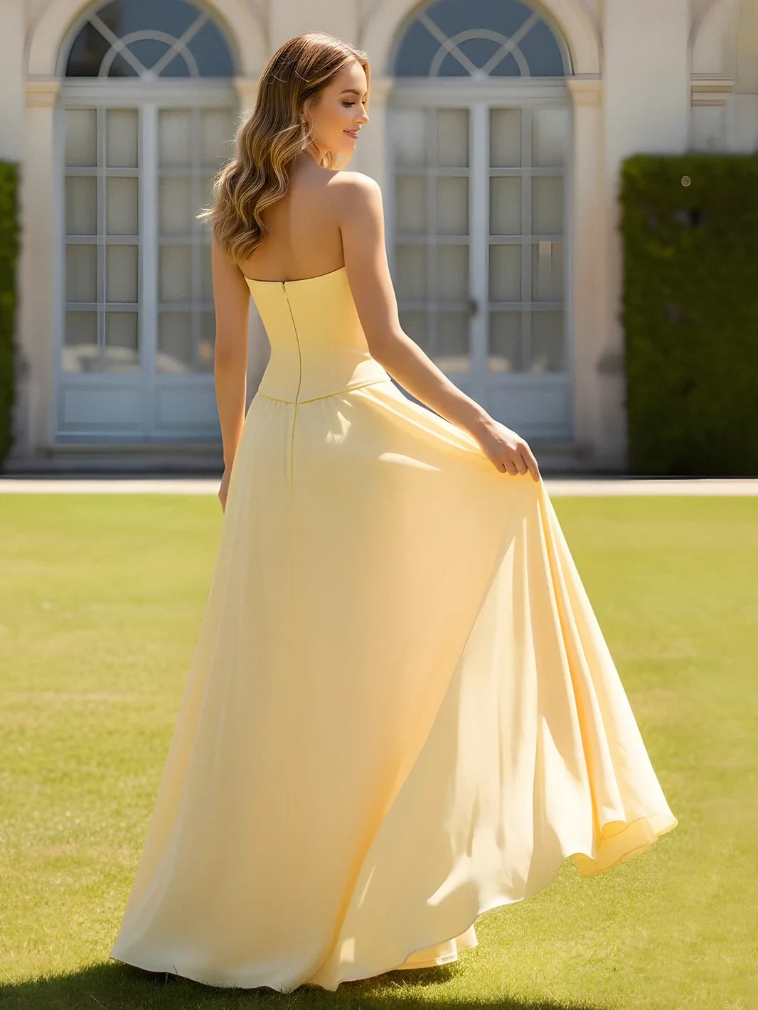 Elegant A-Line Strapless Charming Yellow Floor-Length Prom Dress