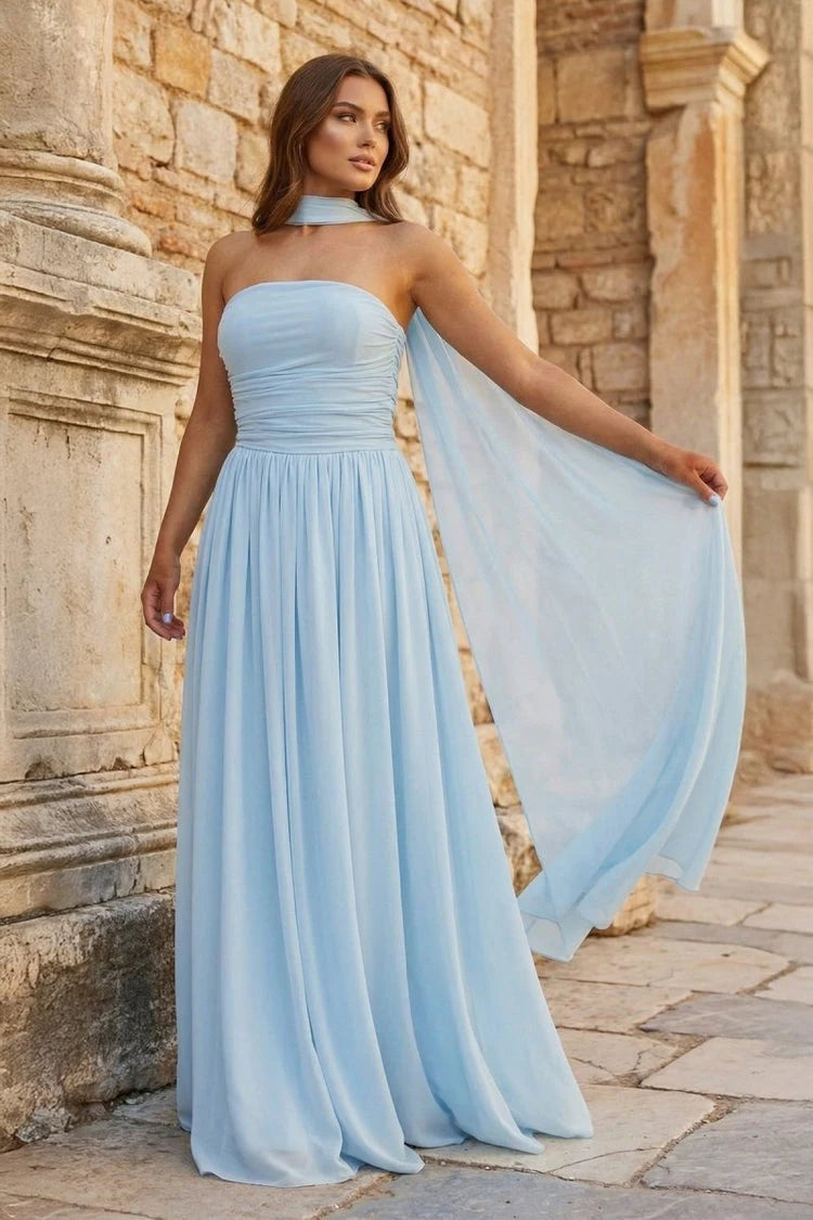 Elegant A-Line Strapless Chiffon Cape Light Blue Floor-Length Prom Dress for Women
