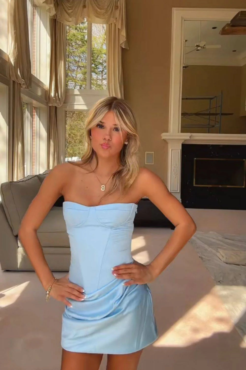 Elegant A-Line Strapless Corset Back Ruched Light Blue Mini Homecoming Dress