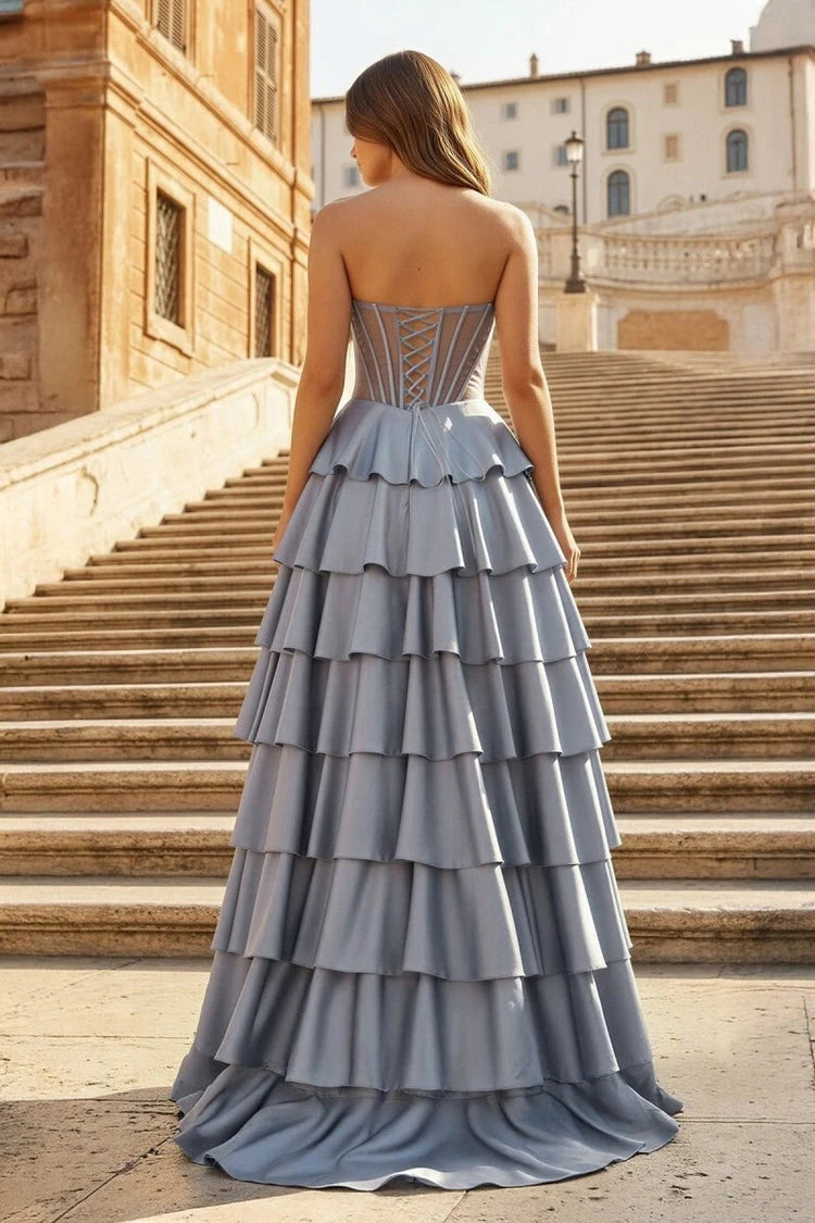 Elegant A-Line Strapless Corset Tiered Dusty Blue Floor-Length Prom Dress Women