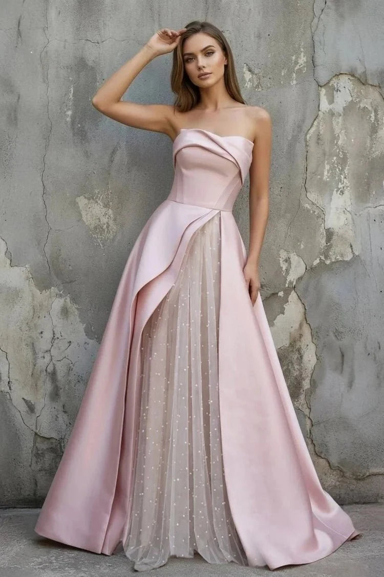Elegant A-Line Strapless Draped Corset Back Blush Pink Floor-Length Prom Dress