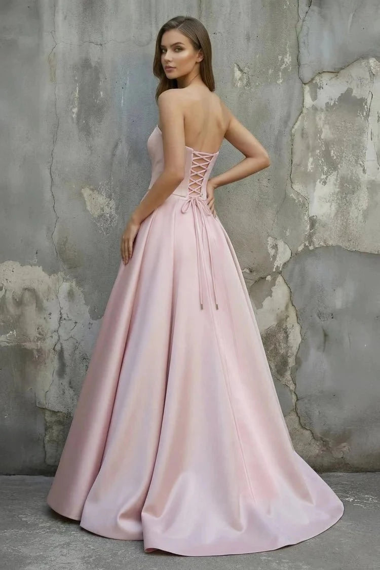 Elegant A-Line Strapless Draped Corset Back Blush Pink Floor-Length Prom Dress