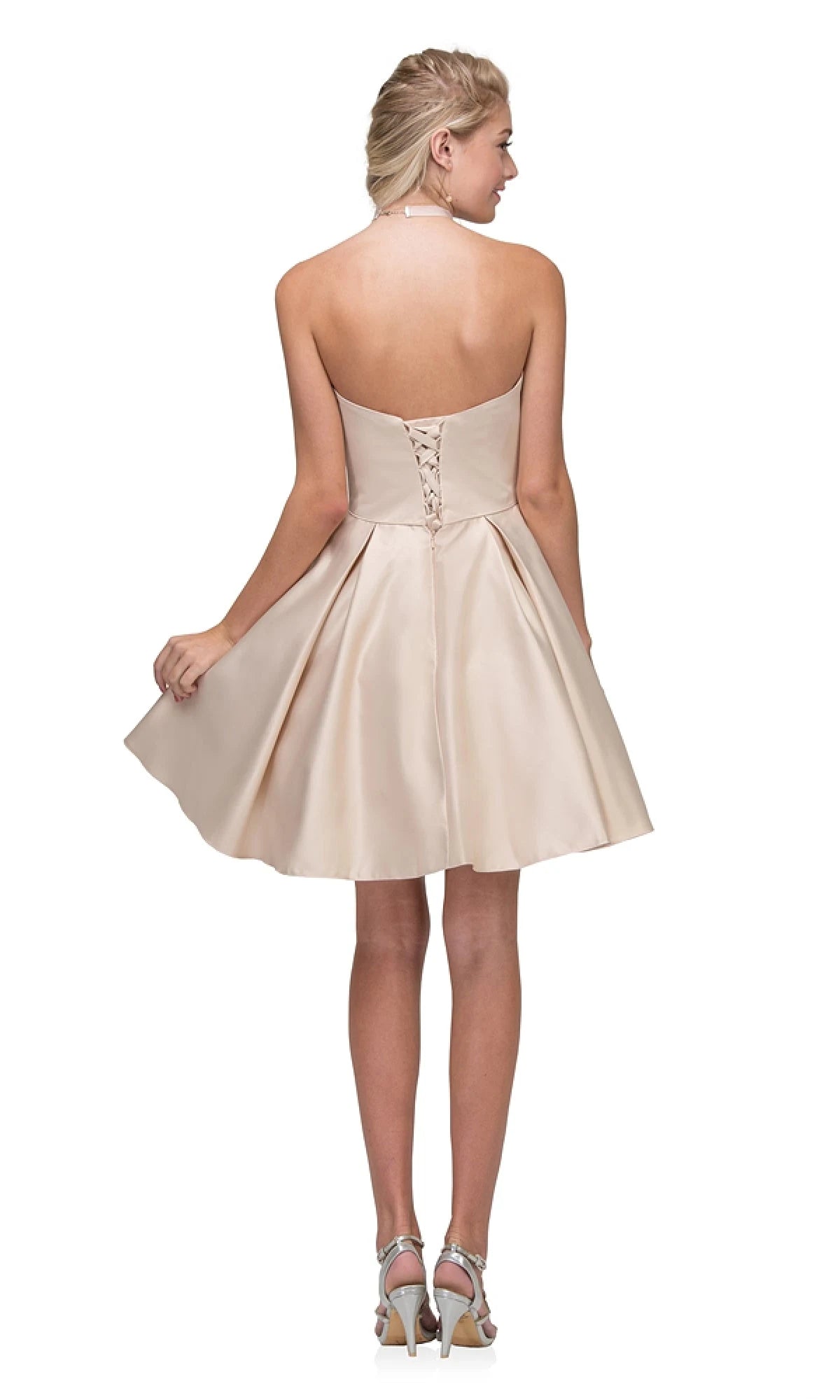Elegant A-Line Strapless Embellished Pocket Champagne Short Homecoming Dresses for Women