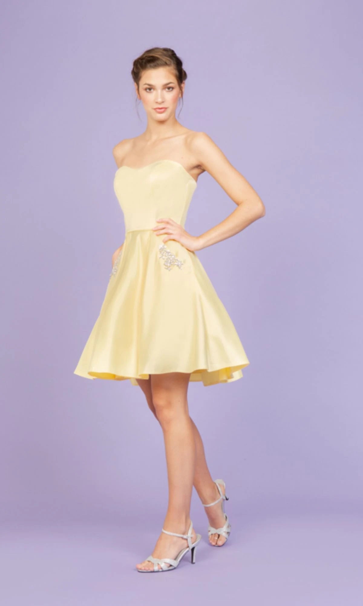 Elegant A-Line Strapless Embellished Pocket Champagne Short Homecoming Dresses for Women