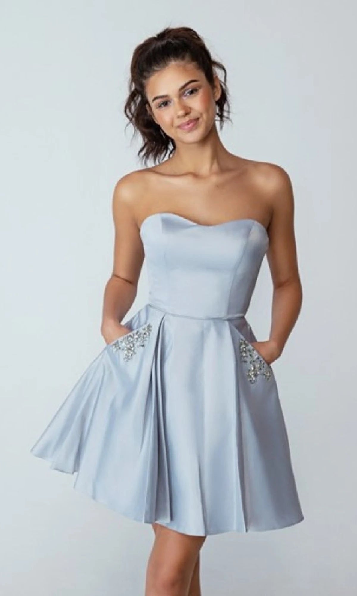 Elegant A-Line Strapless Embellished Pocket Champagne Short Homecoming Dresses for Women