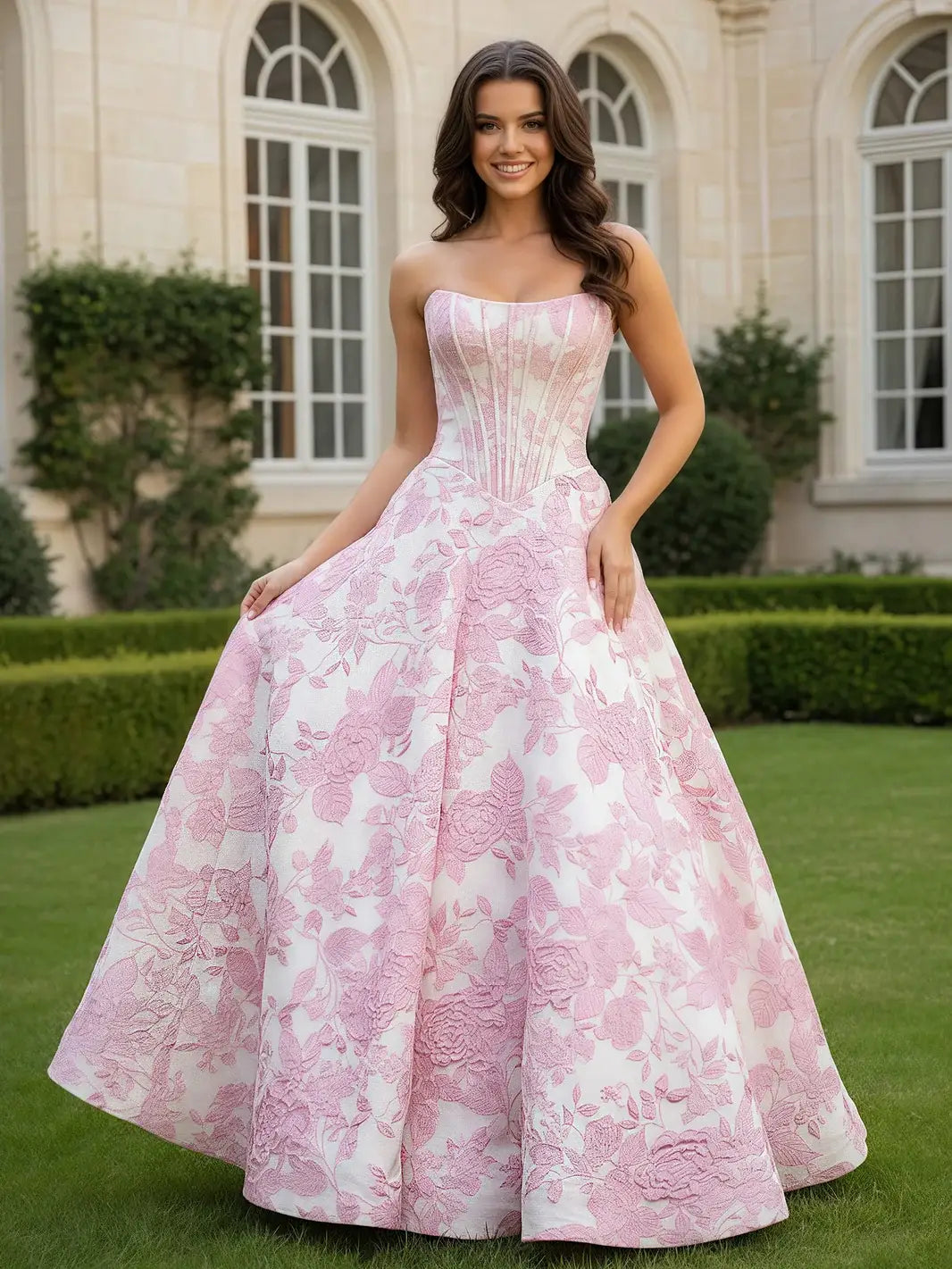 Elegant A-Line Strapless Floral Corset Pink White Floor Prom Dress Gown