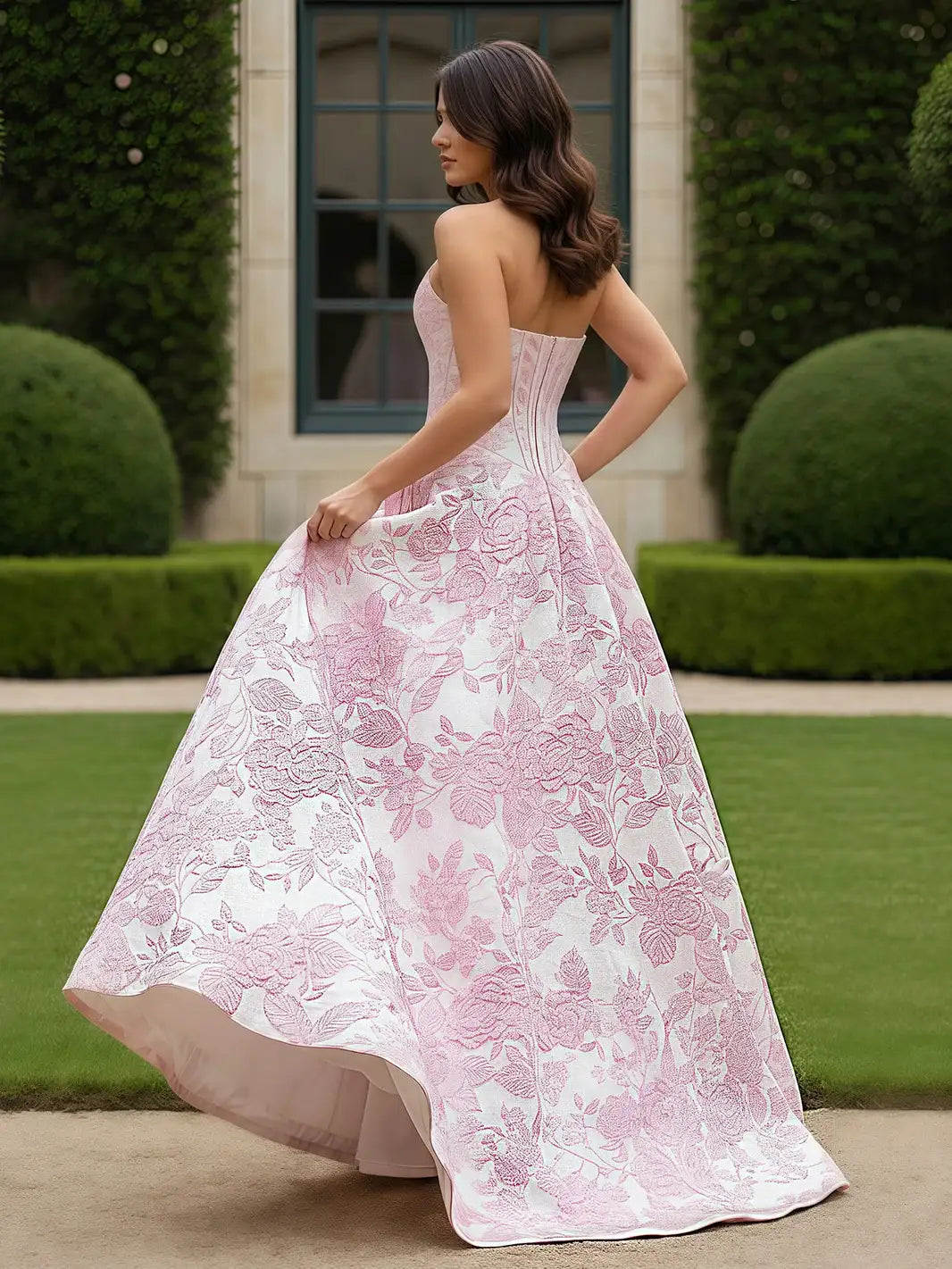 Elegant A-Line Strapless Floral Corset Pink White Floor Prom Dress Gown