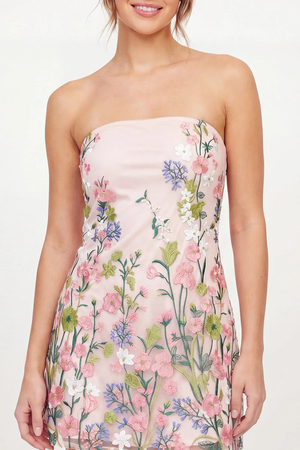 Elegant A-Line Strapless Floral Embroidered Blush Pink Short Homecoming Dress
