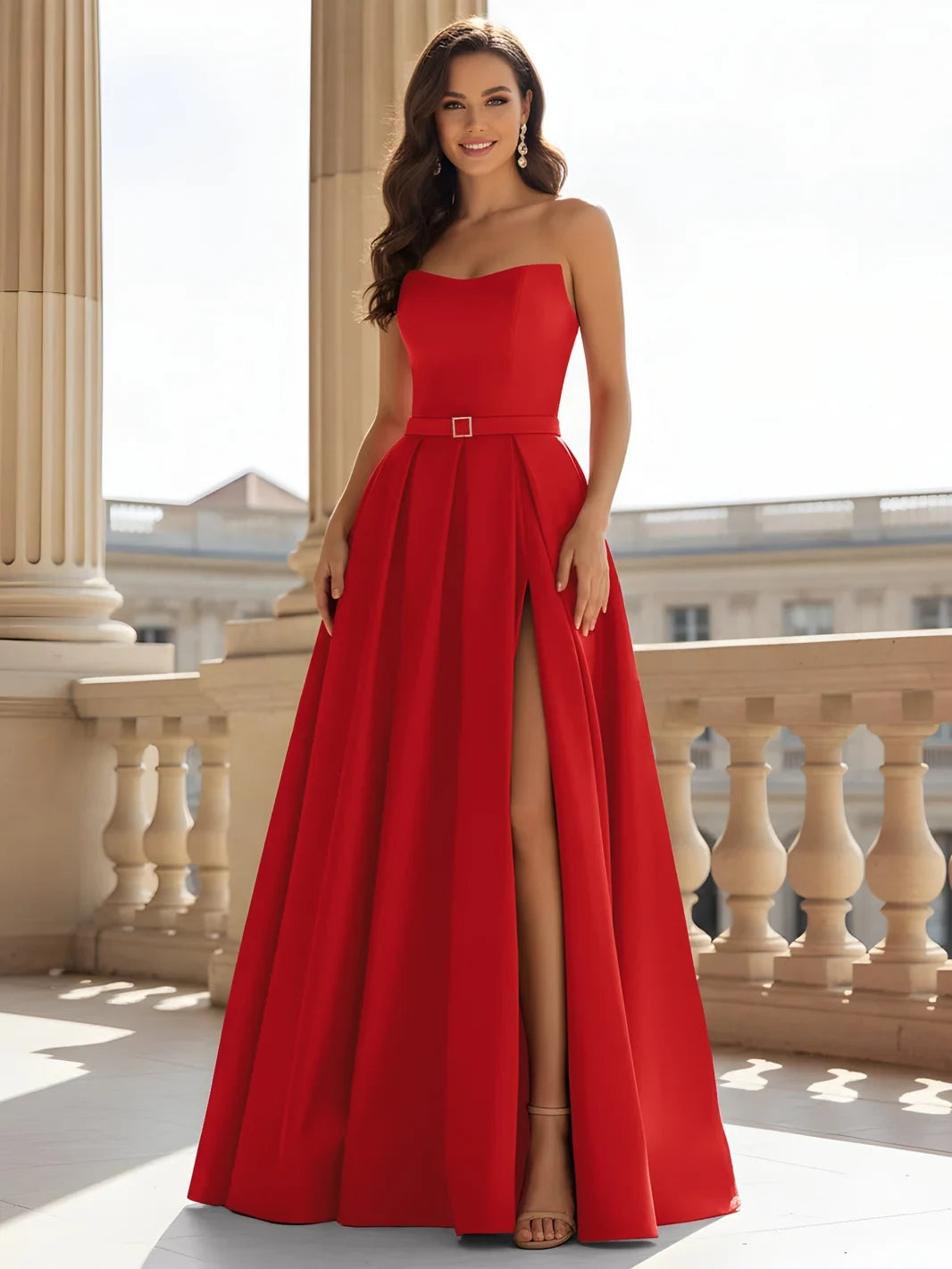 Elegant A-Line Strapless High Slit Pleated Red Floor-Length Prom Gown