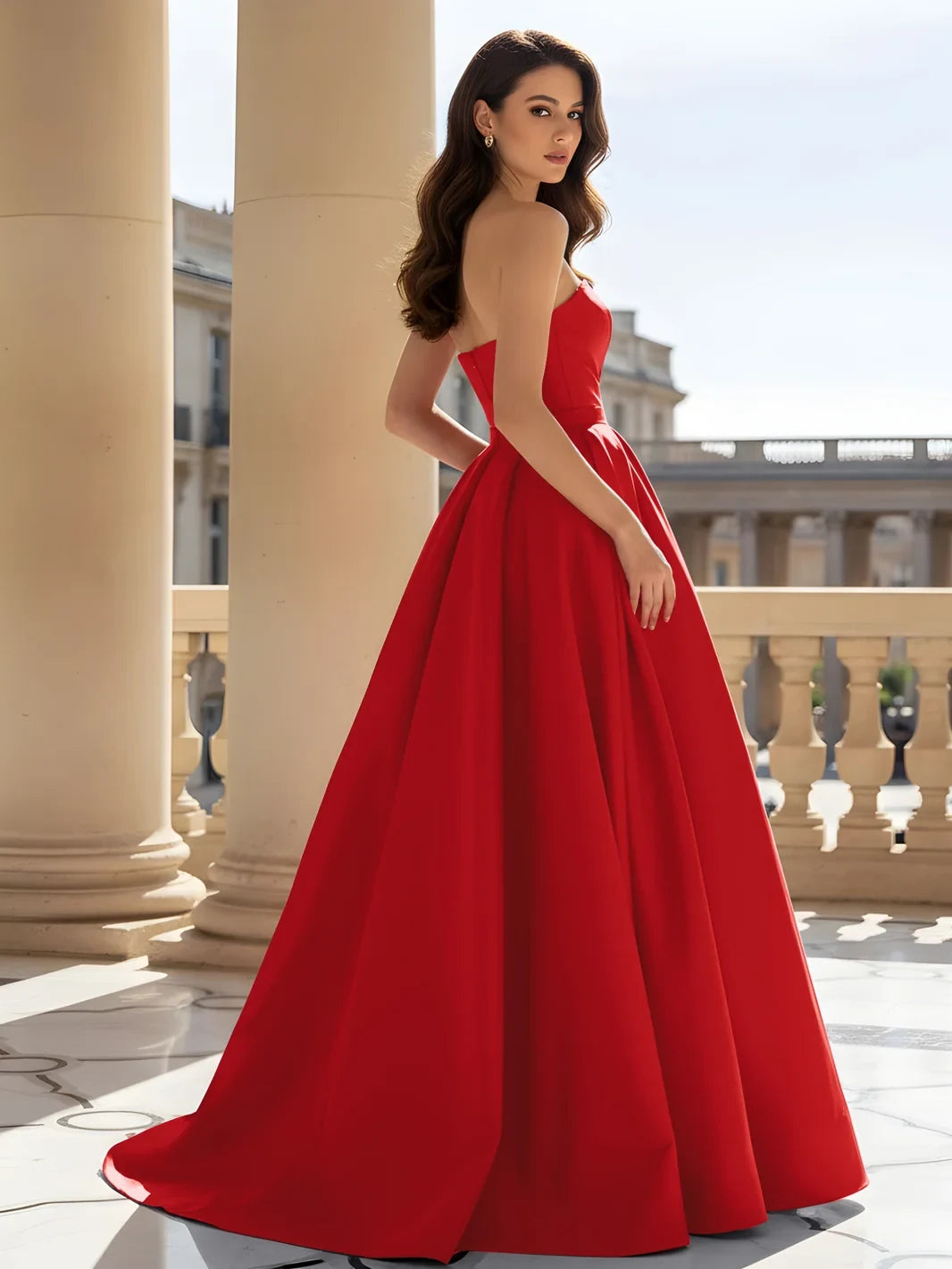Elegant A-Line Strapless High Slit Pleated Red Floor-Length Prom Gown