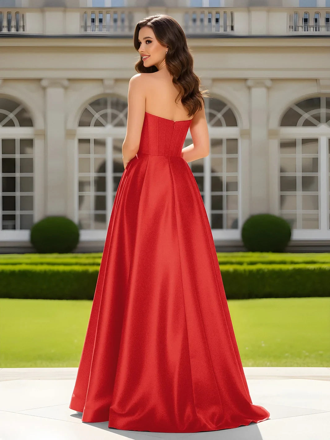 Elegant A-Line Strapless High Slit Red Floor-Length Prom Dresses Women's Gown