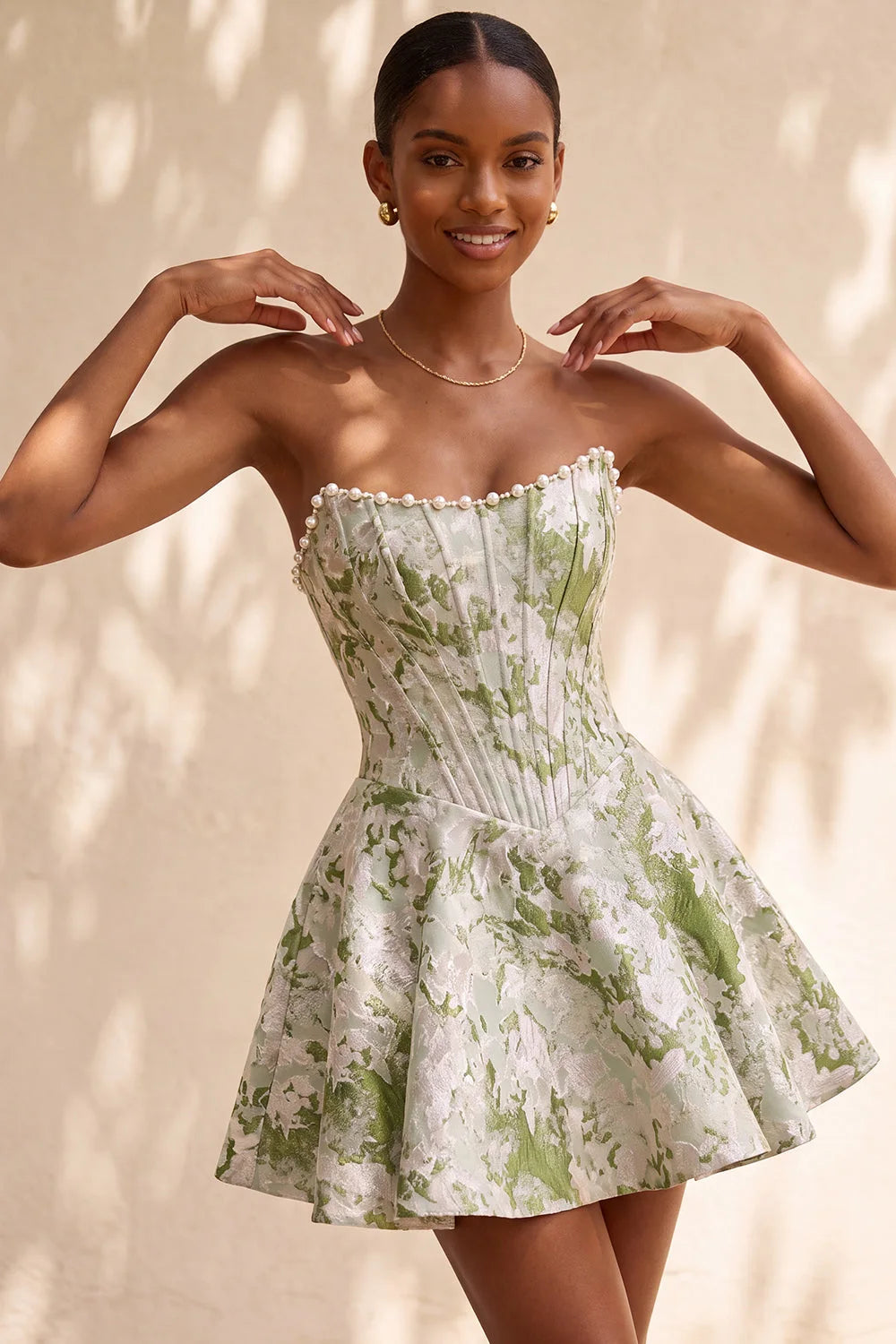 Elegant A-Line Strapless Pearl-Trimmed Floral Jacquard Light Green Mini Homecoming Dress