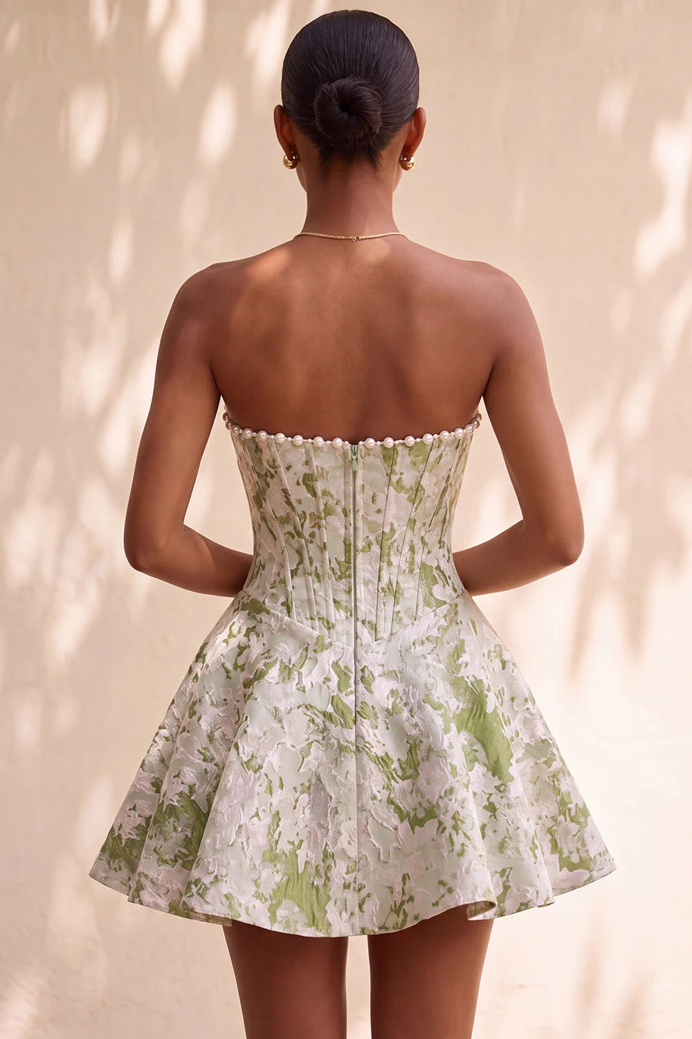 Elegant A-Line Strapless Pearl-Trimmed Floral Jacquard Light Green Mini Homecoming Dress