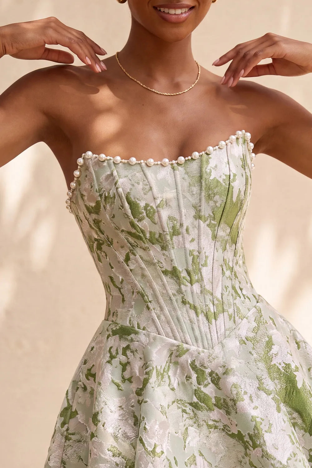 Elegant A-Line Strapless Pearl-Trimmed Floral Jacquard Light Green Mini Homecoming Dress