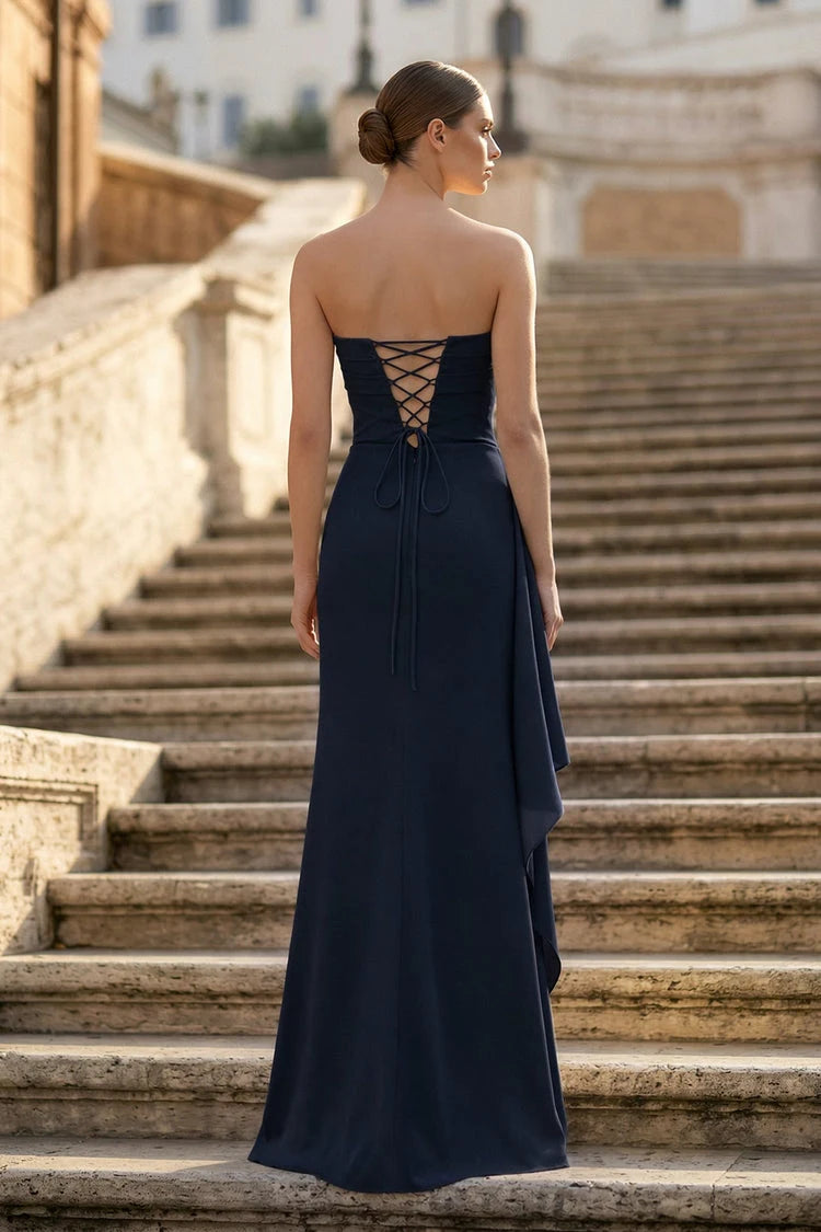 Elegant A-Line Strapless Ruched Corset Navy Blue Floor-Length Prom Dress