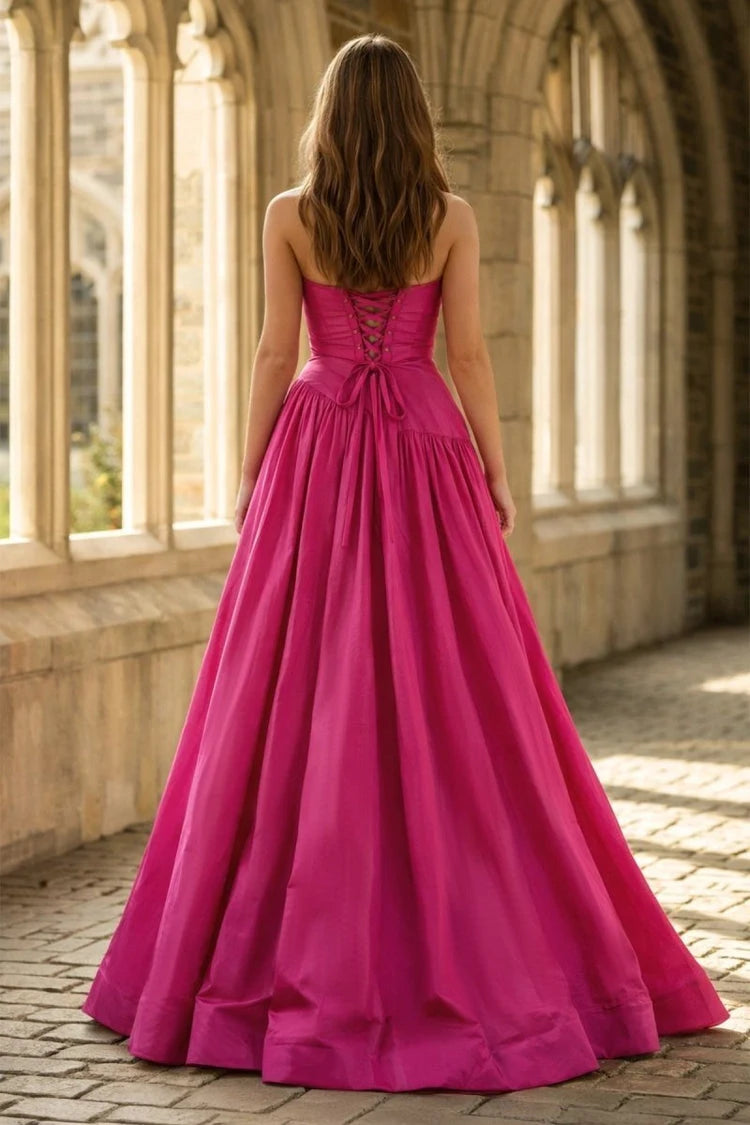 Elegant A-Line Strapless Ruched High-Slit Fuchsia Floor-Length Prom Dress Gown