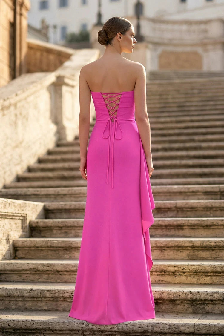 Elegant A-Line Strapless Ruched Hot Pink Floor-Length Prom Dresses Women's Gown