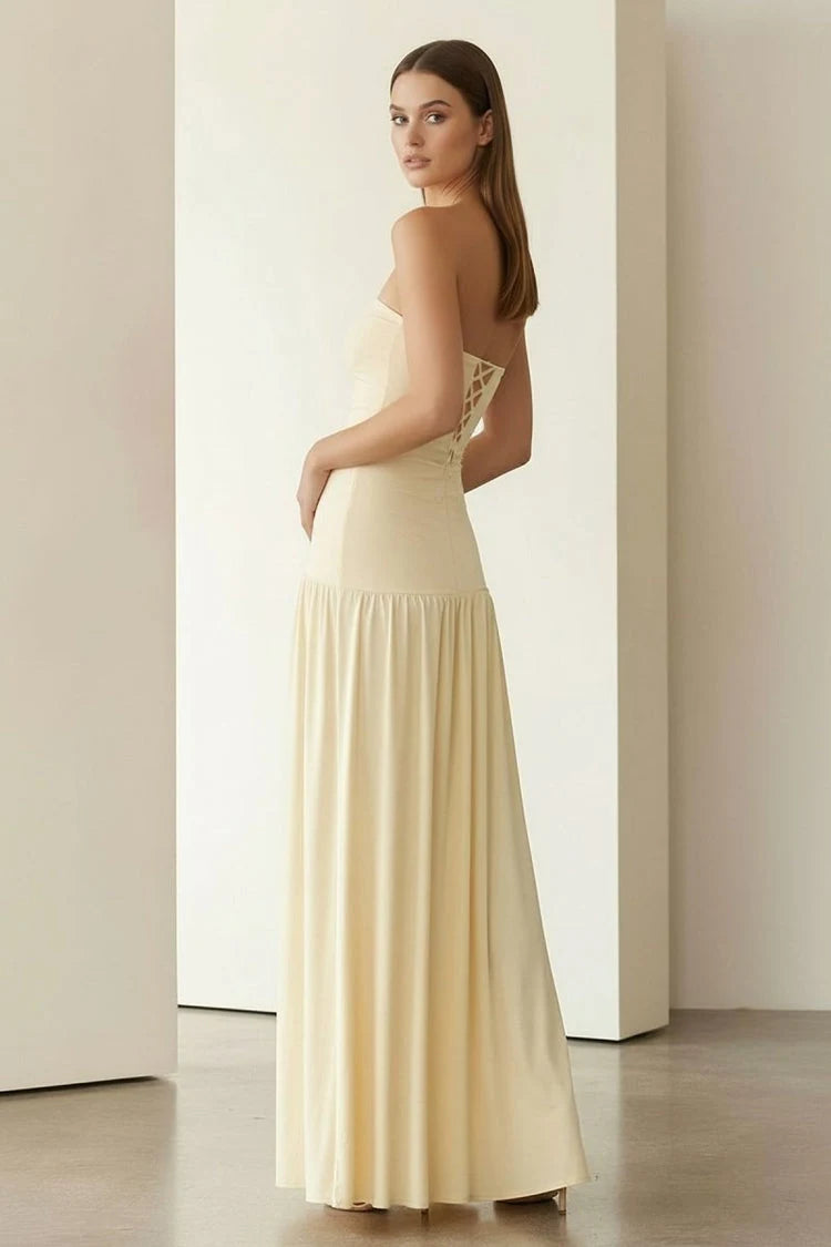 Elegant A-Line Strapless Ruched Pale Yellow Floor-Length Prom Dresses Women's Gown