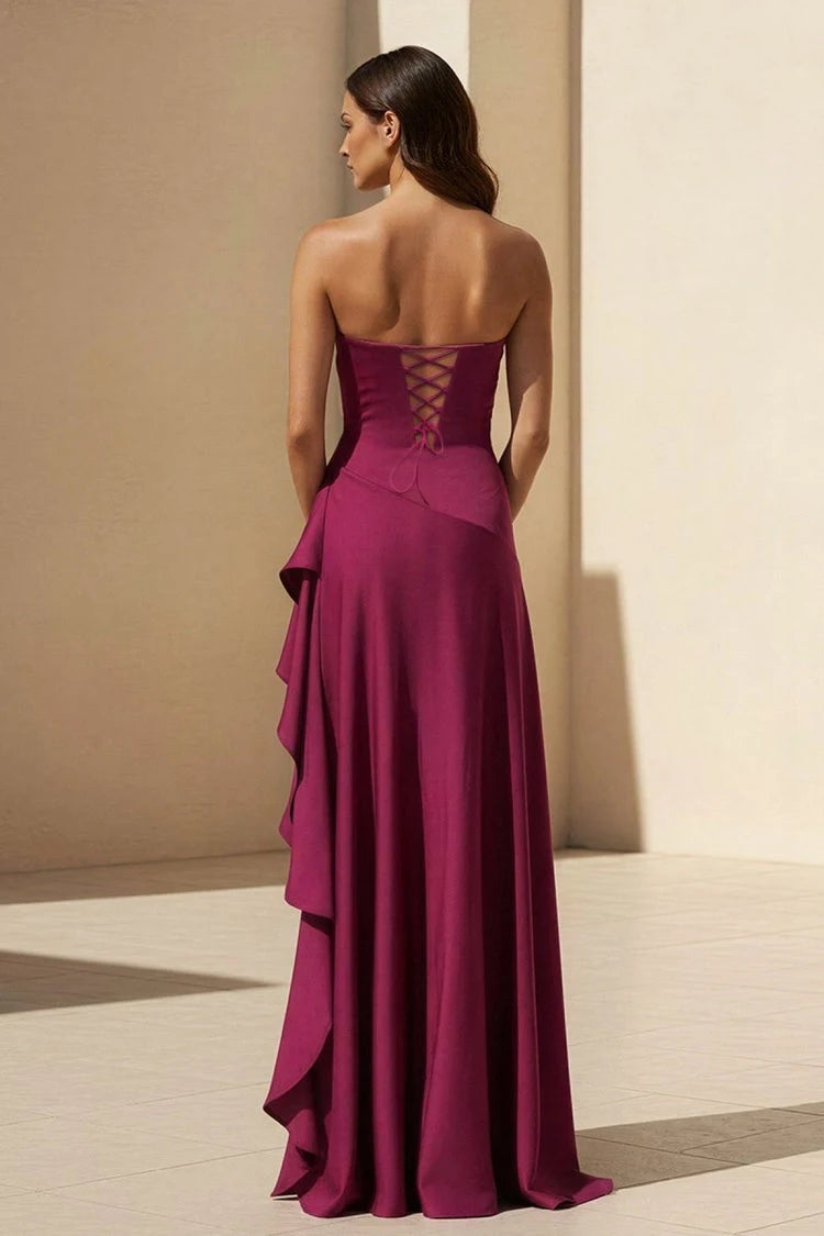 Elegant A-Line Strapless Ruffled Corset Magenta High-Low Prom Dress Women's Gown