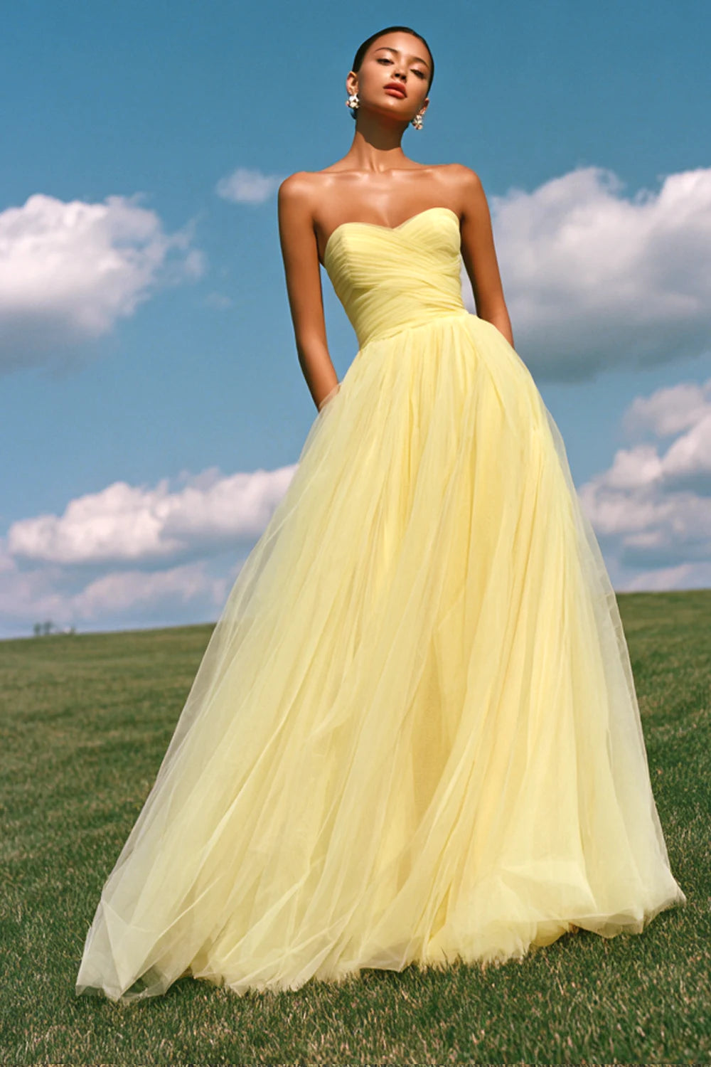 Elegant A-Line Strapless Ruffled Light Yellow Floor-Length Prom Dresses Gown