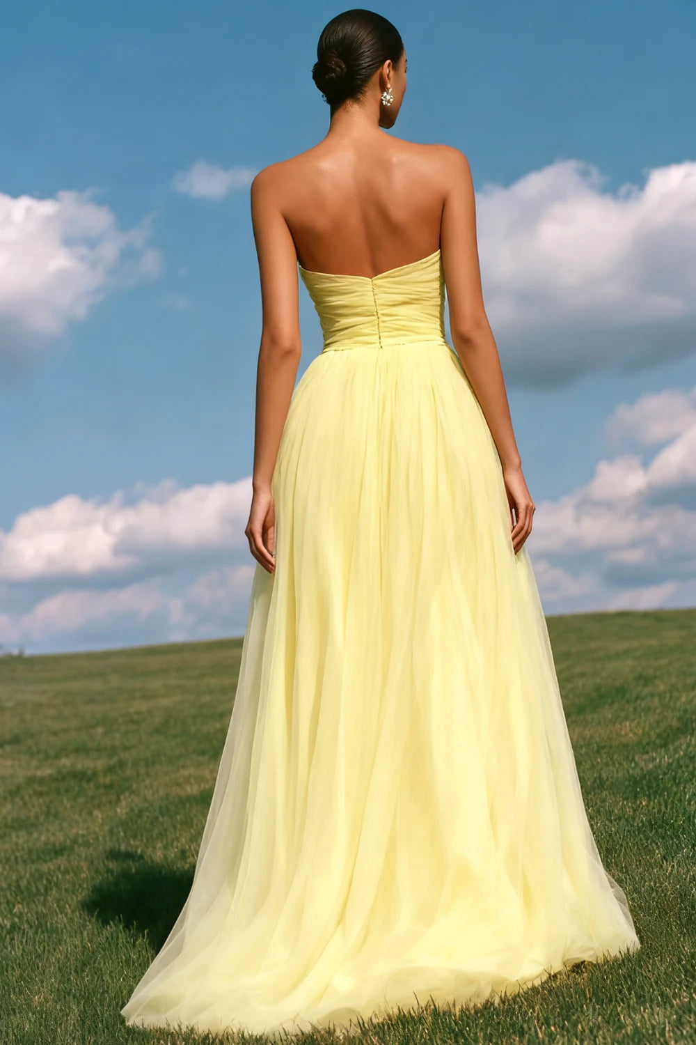 Elegant A-Line Strapless Ruffled Light Yellow Floor-Length Prom Dresses Gown