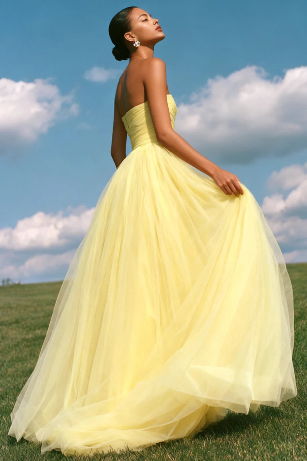 Elegant A-Line Strapless Ruffled Light Yellow Floor-Length Prom Dresses Gown