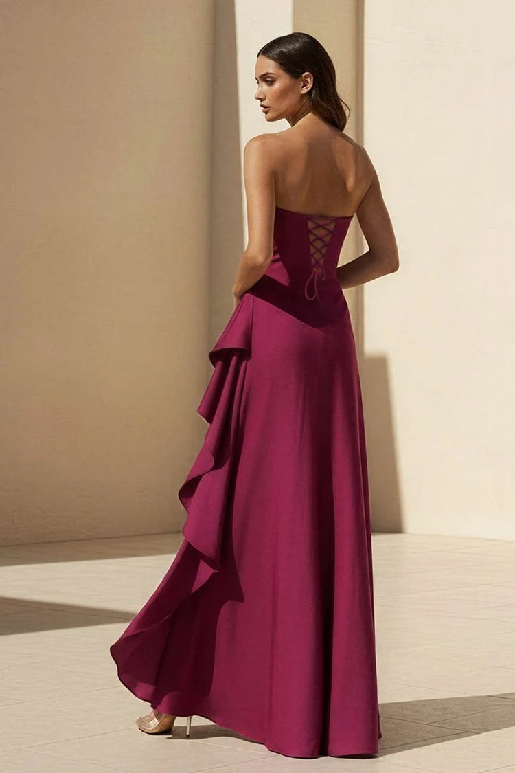 Elegant A-Line Strapless Ruffled Slit Magenta High-Low Prom Dress Gown