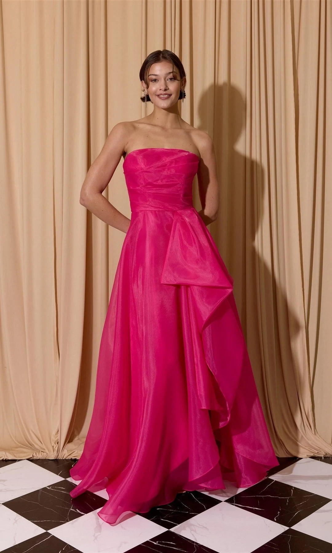 Elegant A-Line Strapless Sleeveless Cascading Ruffle Fuchsia Long Prom Dresses Gown