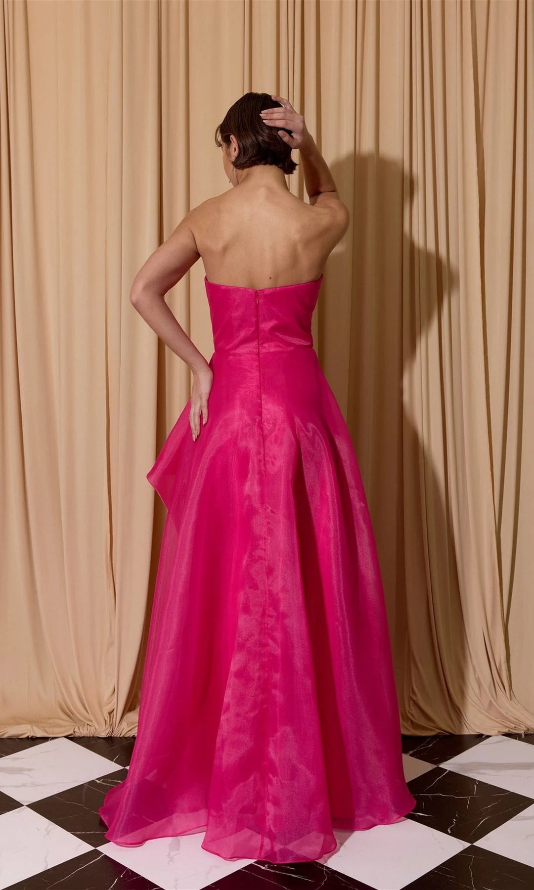 Elegant A-Line Strapless Sleeveless Cascading Ruffle Fuchsia Long Prom Dresses Gown