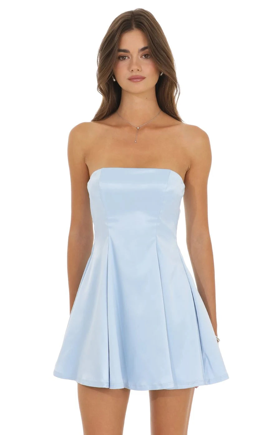 Elegant A-Line Strapless Sleeveless Charming Light Blue Mini Homecoming Dresses Women's Attire