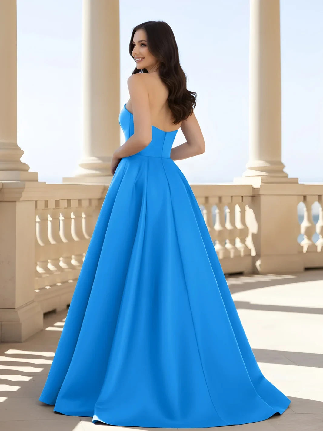 Elegant A-Line Strapless Sleeveless Chic Slit Ocean Blue Floor-Length Prom Gown