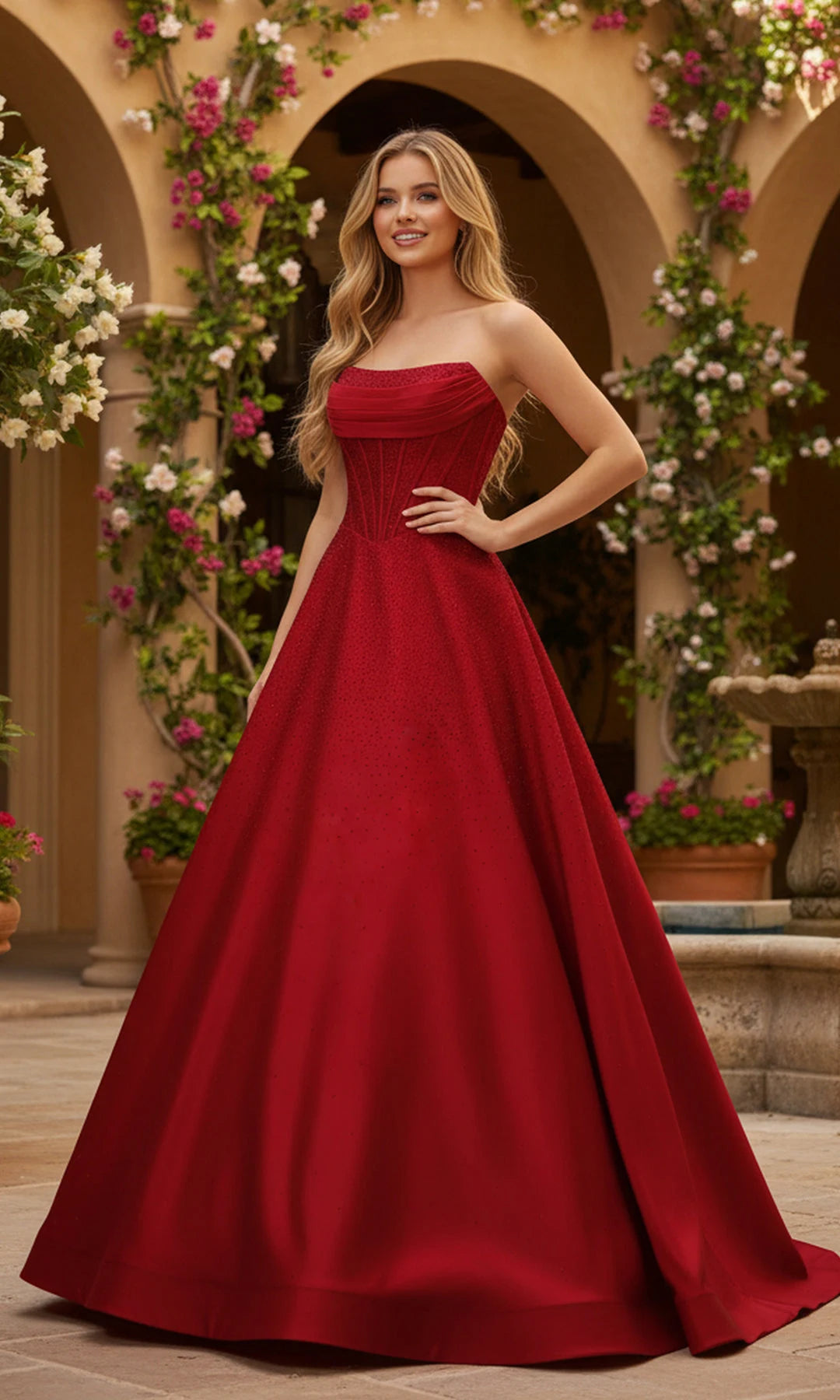 Elegant A-Line Strapless Sleeveless Corset-Back Red Long Prom Dresses Women Gown