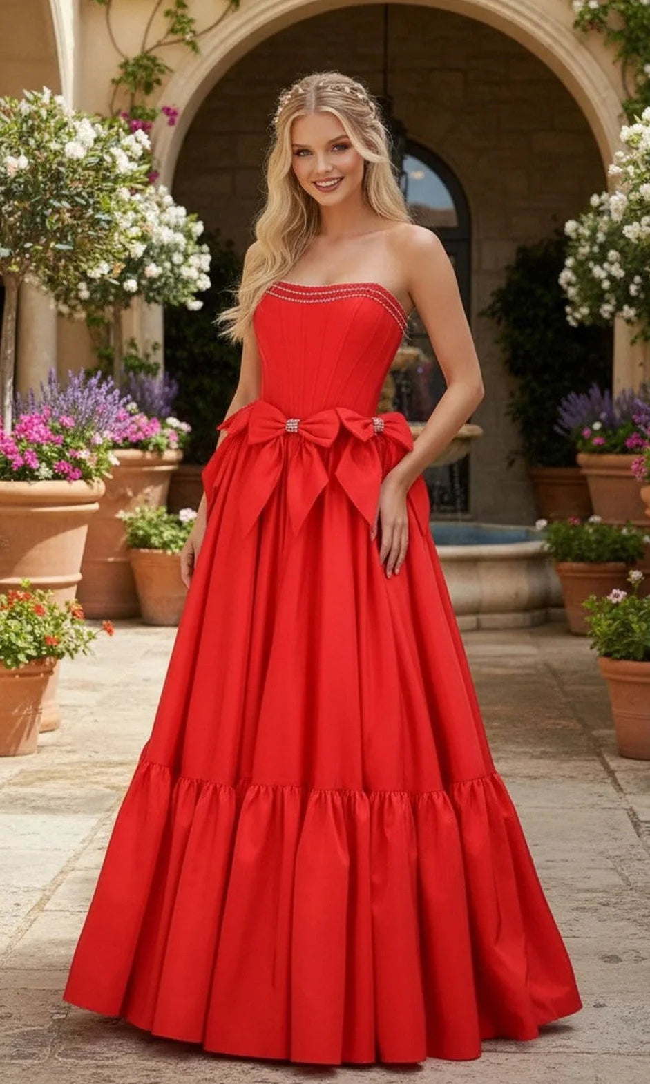 Elegant A-Line Strapless Sleeveless Corset Bow Red Prom Dresses Women Gown