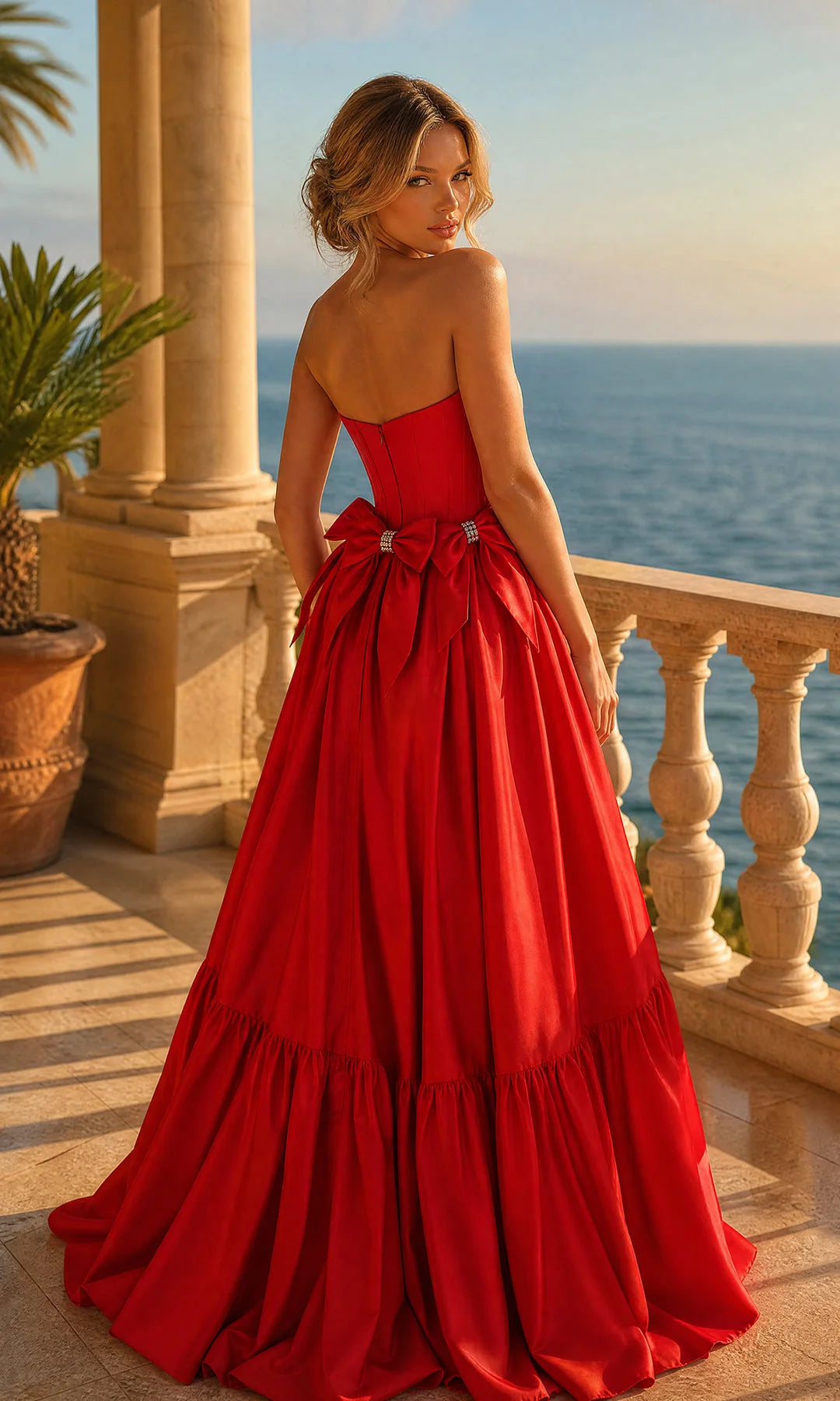 Elegant A-Line Strapless Sleeveless Corset Bow Red Prom Dresses Women Gown