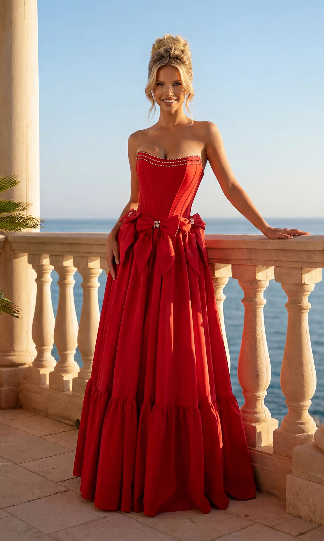Elegant A-Line Strapless Sleeveless Corset Bow Red Prom Dresses Women Gown