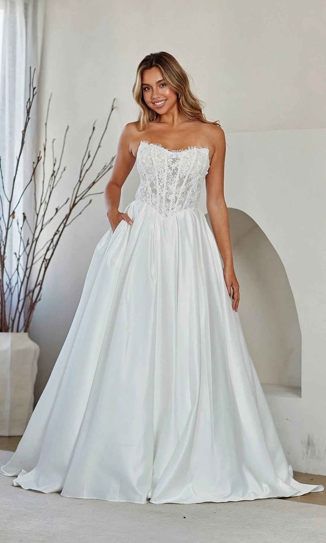 Elegant A-Line Strapless Sleeveless Corset Pocket White Long Prom Dresses Women