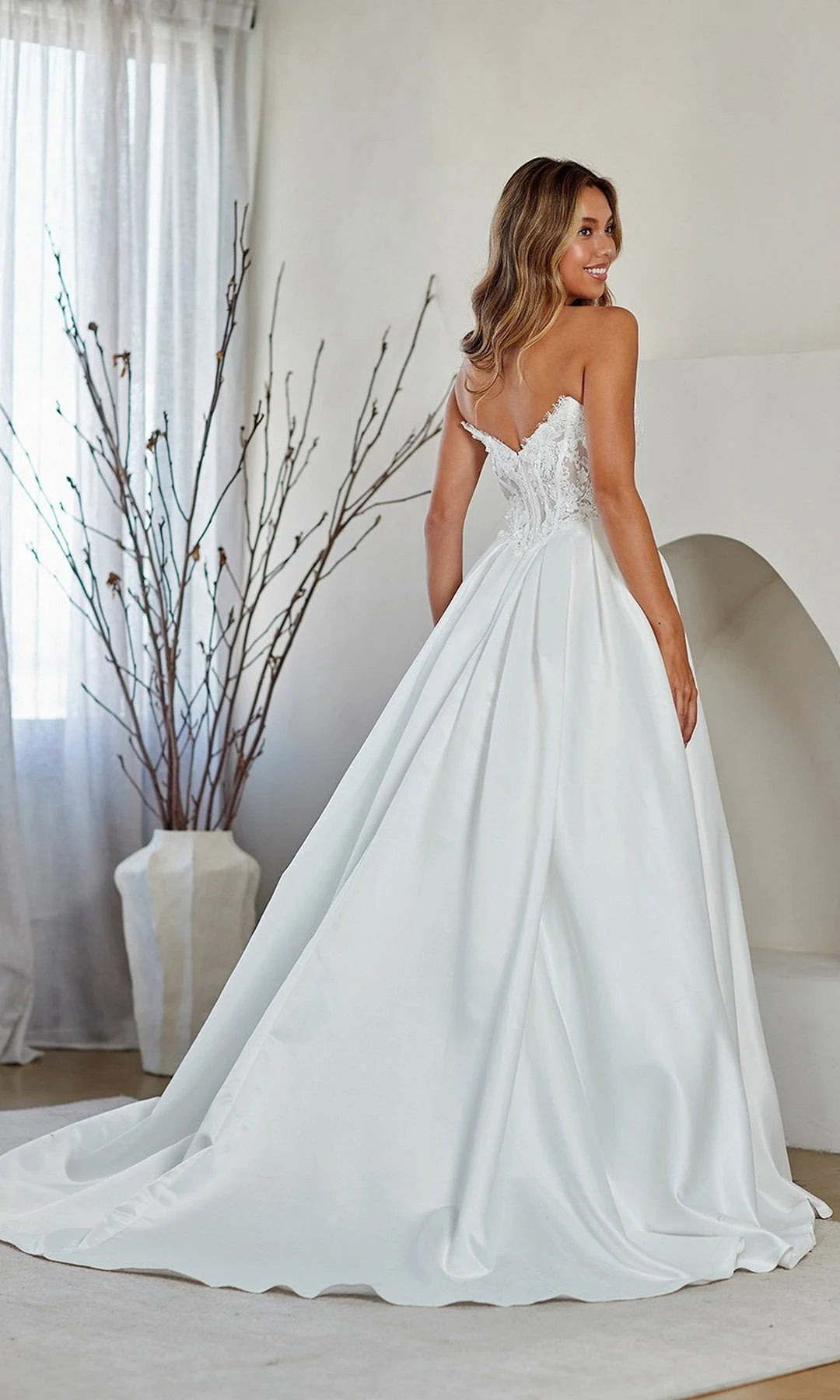 Elegant A-Line Strapless Sleeveless Corset Pocket White Long Prom Dresses Women