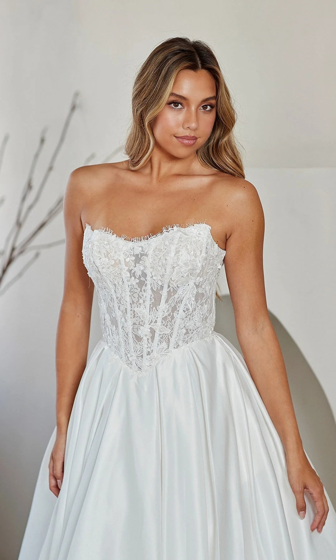 Elegant A-Line Strapless Sleeveless Corset Pocket White Long Prom Dresses Women