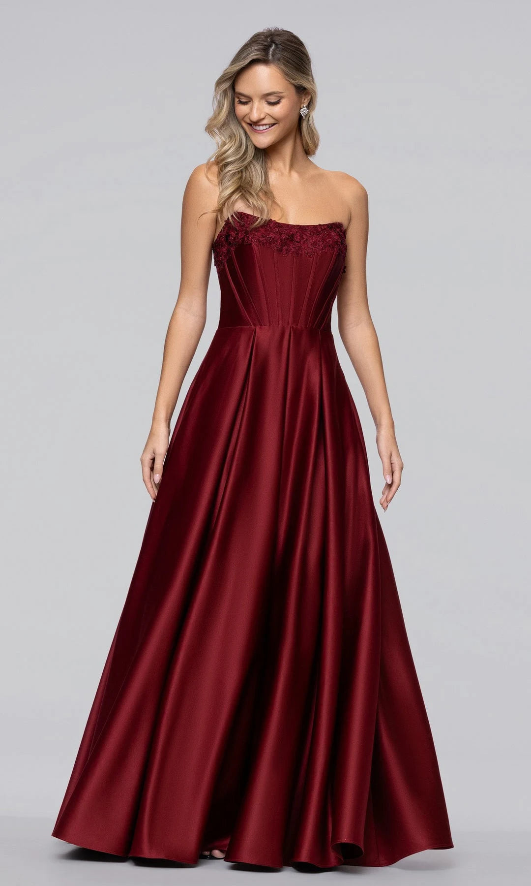 Elegant A-Line Strapless Sleeveless Corset Pocketed Burgundy Long Prom Dresses Women