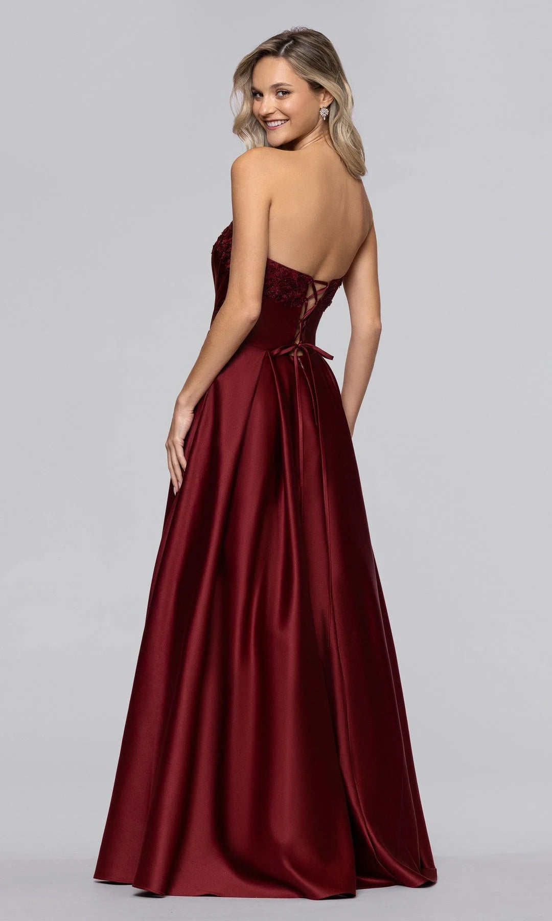 Elegant A-Line Strapless Sleeveless Corset Pocketed Burgundy Long Prom Dresses Women