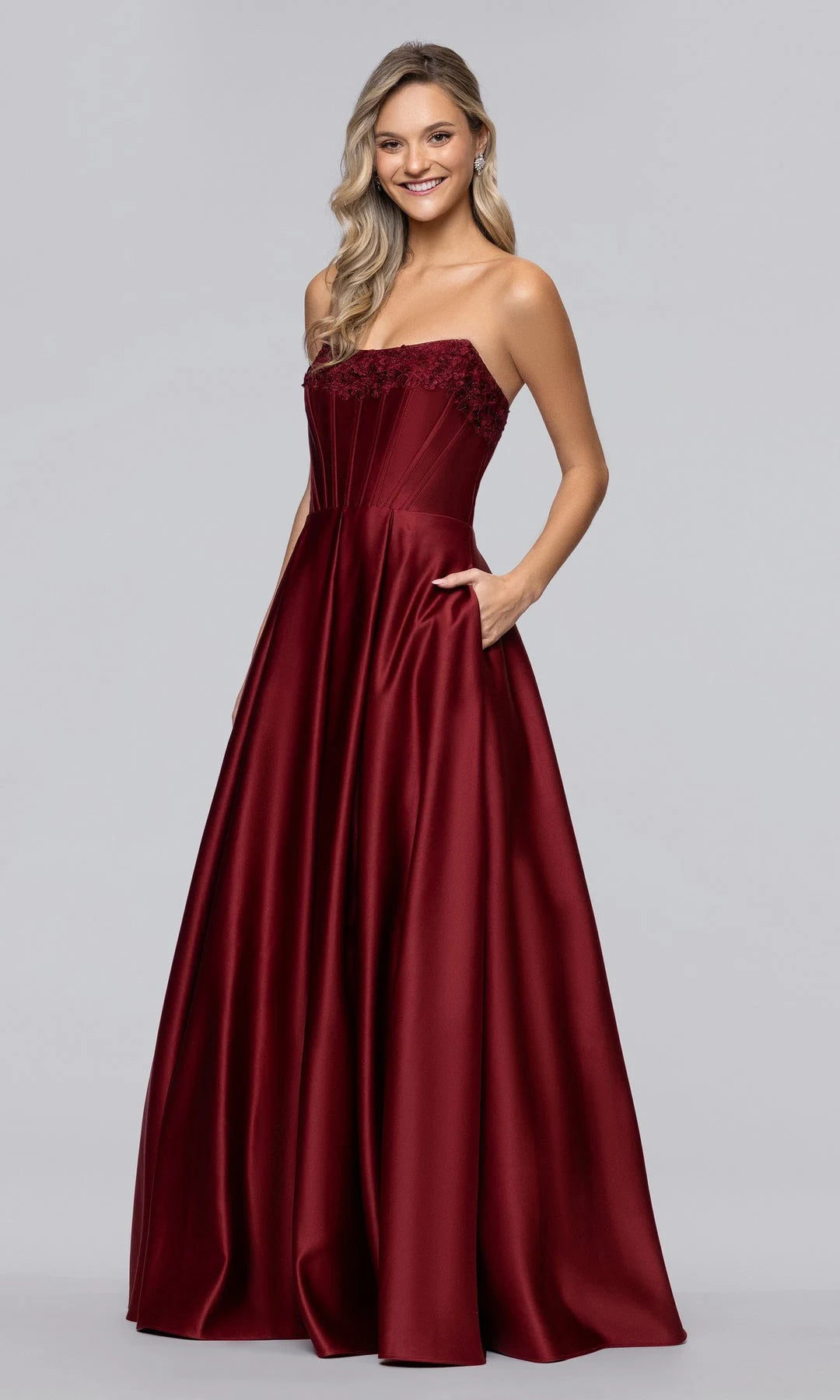 Elegant A-Line Strapless Sleeveless Corset Pocketed Burgundy Long Prom Dresses Women