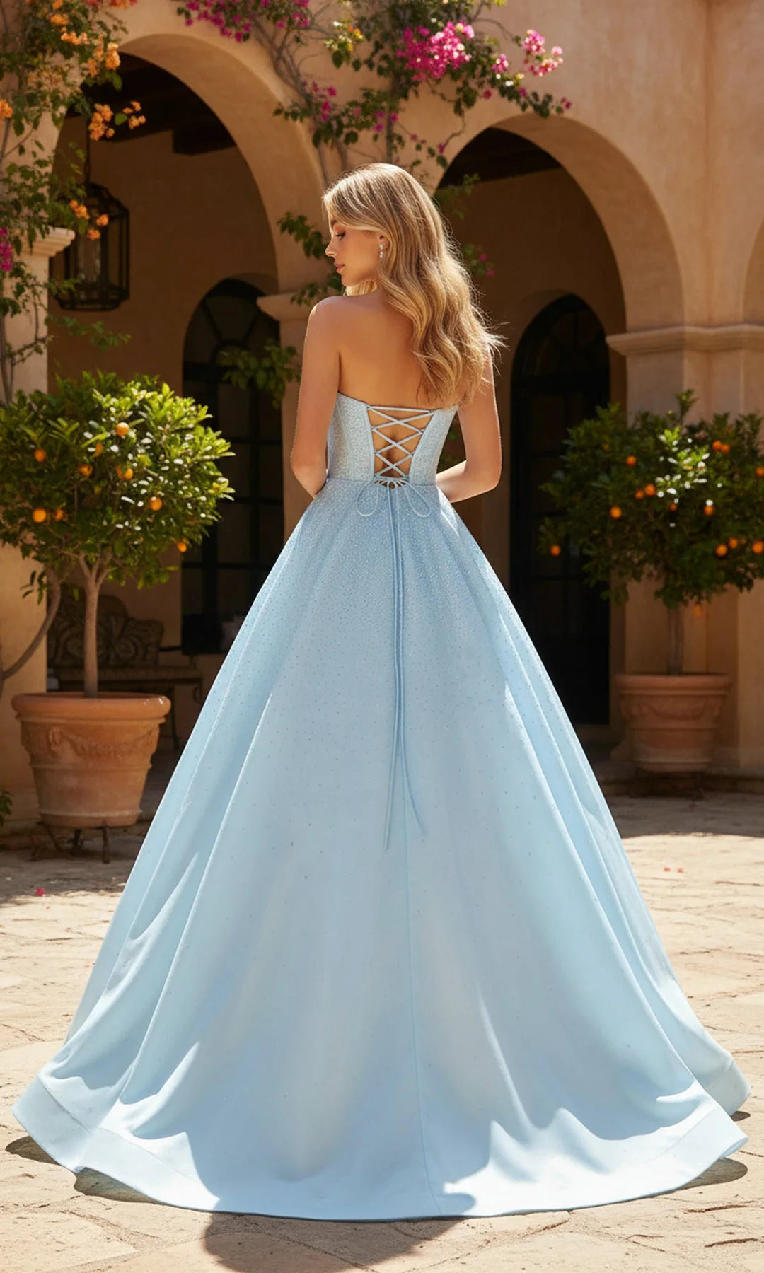 Elegant A-Line Strapless Sleeveless Corset Sparkle Blue Long Prom Dresses Gown