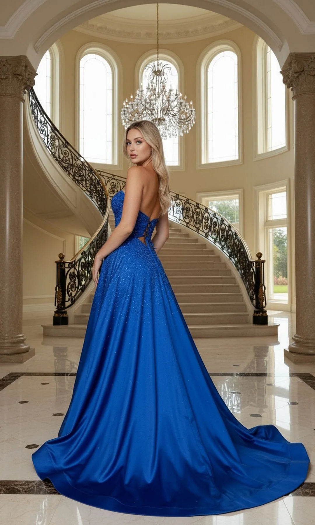 Elegant A-Line Strapless Sleeveless Cutout Sparkle Blue Long Prom Dresses Women